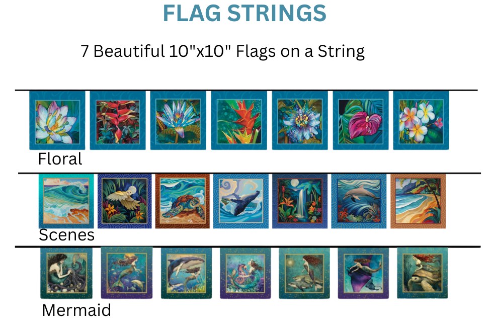Flag strings: Floral, Scenes and Mermaid, seven flags each