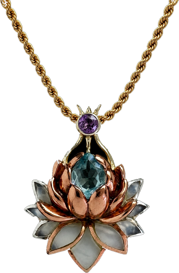 Lotus pendant in copper, silver and gold with amethyst and blue topaz